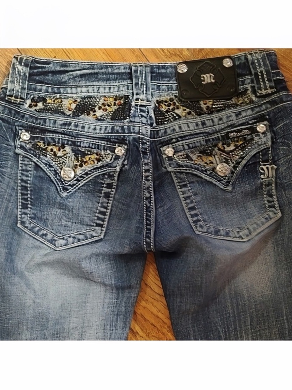 Beautiful Miss Me Embellished Blue Jeans with Leopard Accent 34-1/2” Inseam